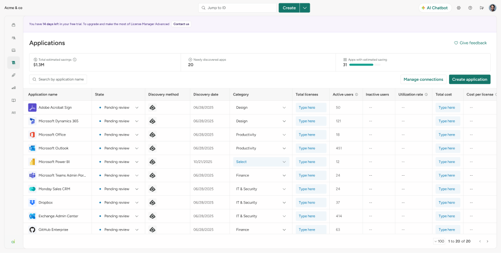 License Manager in-trial state: applications table with 14-day countdown banner
