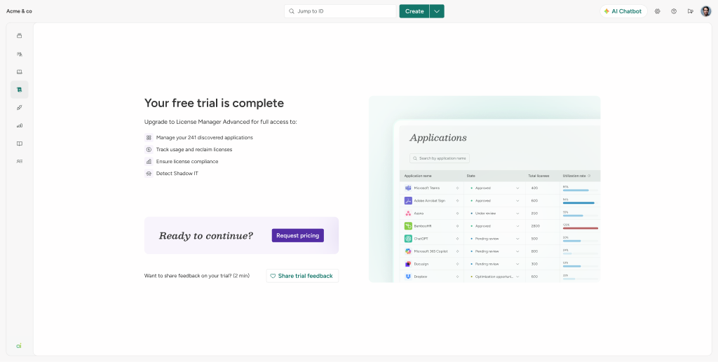 Trial complete page: Your free trial is complete, upgrade to License Manager Advanced