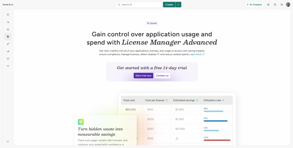 License Manager Advanced trial entry page with product value preview