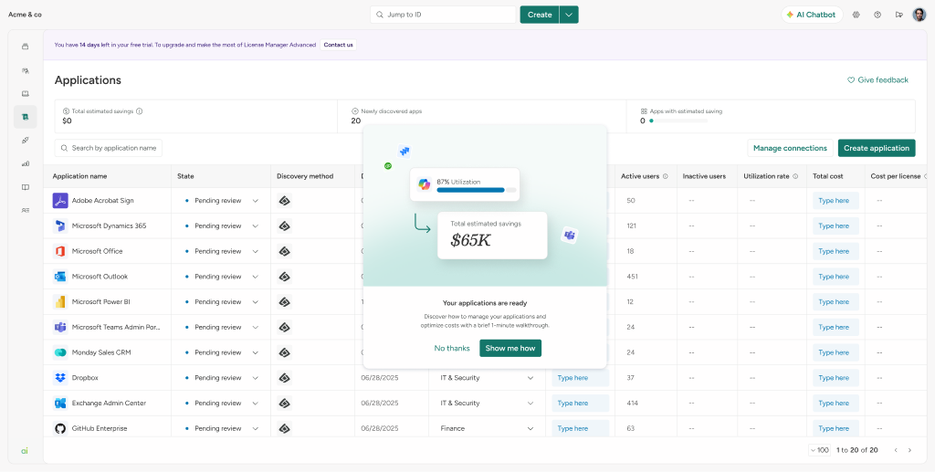 UserFlow tooltip: Your applications are ready, start 1-minute walkthrough