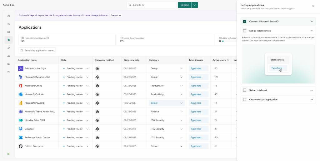 UserFlow guided side panel: Set up applications with step-by-step checklist